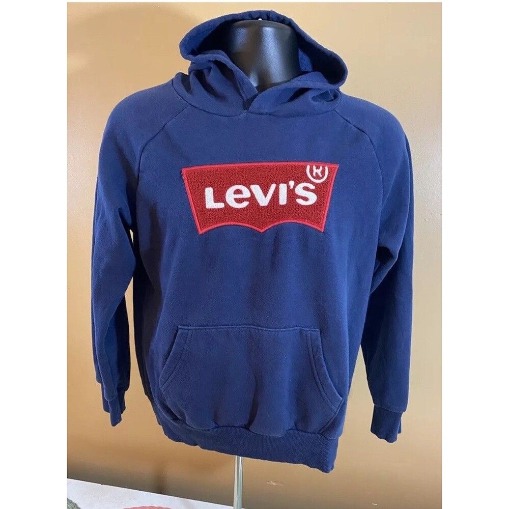 Levi’s Embroidered Red Logo Blue Hoodie Front Pocket Sz Youth Large 12/13 Years